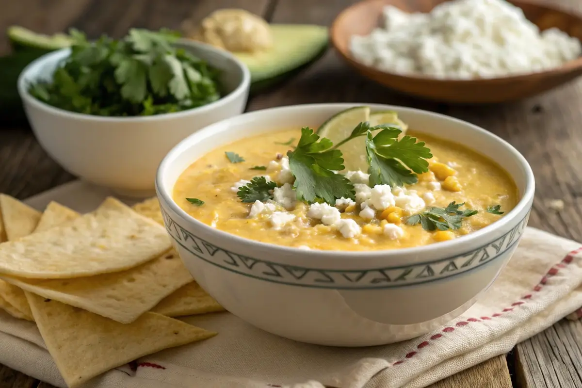 Authentic El Salvadoran corn soup served with tortillas and cilantro garnish.