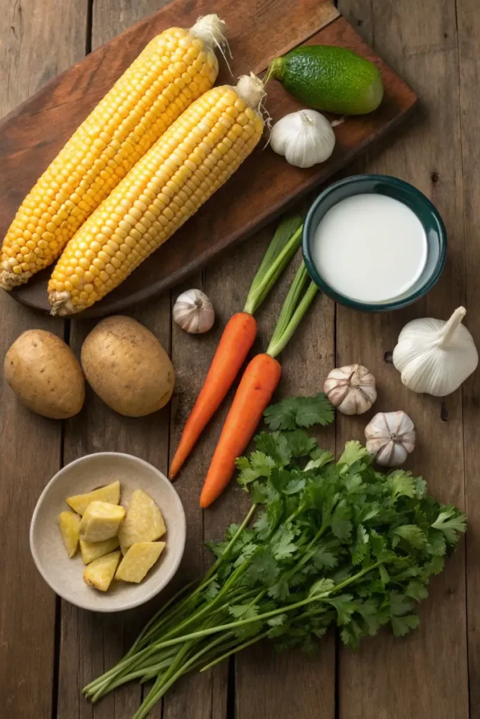 Fresh ingredients for El Salvadoran corn soup including corn, potatoes, carrots, and cilantro.