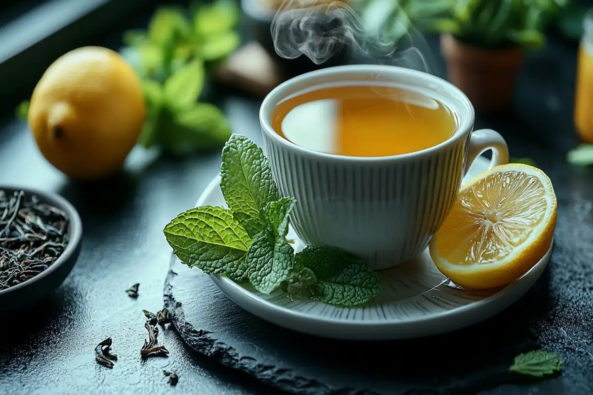 Freshly brewed green tea drink recipe with lemon and mint.