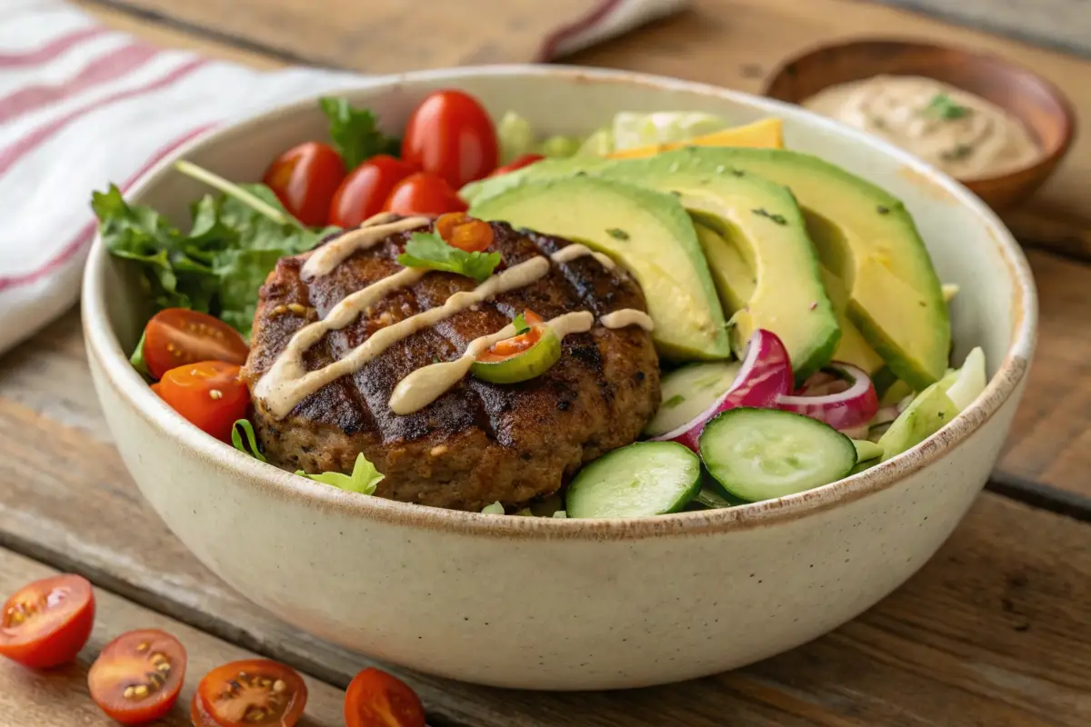 Freshly prepared burger bowl with healthy toppings