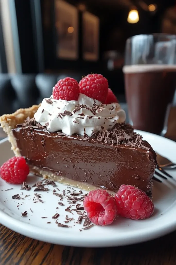 Slice of Grandma’s chocolate pie topped with whipped cream, raspberries, and chocolate shavings, served with a glass of chocolate milk.