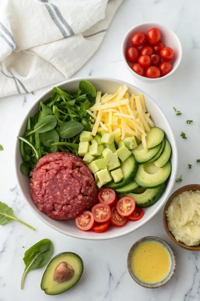 Ingredients for making a healthy burger bowl