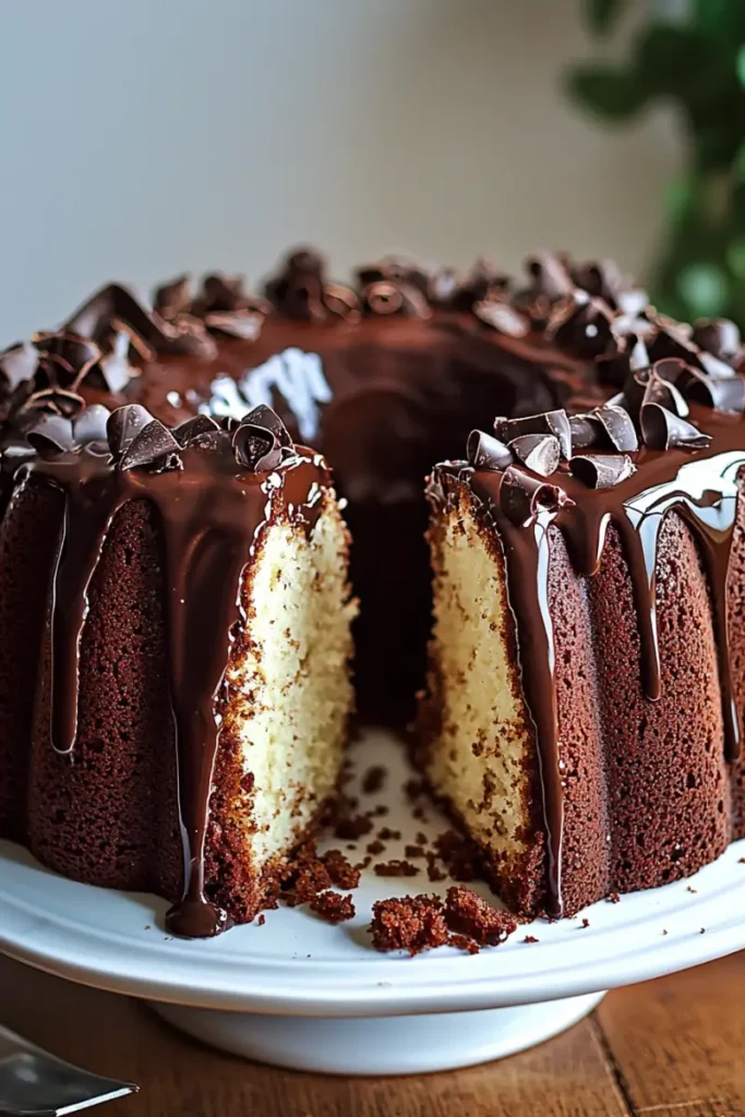 Chocolate cream cheese pound cake sliced to reveal the moist interior.