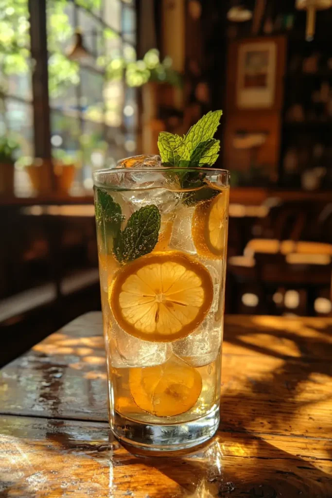 Refreshing iced green tea drink recipe with lemon and mint.