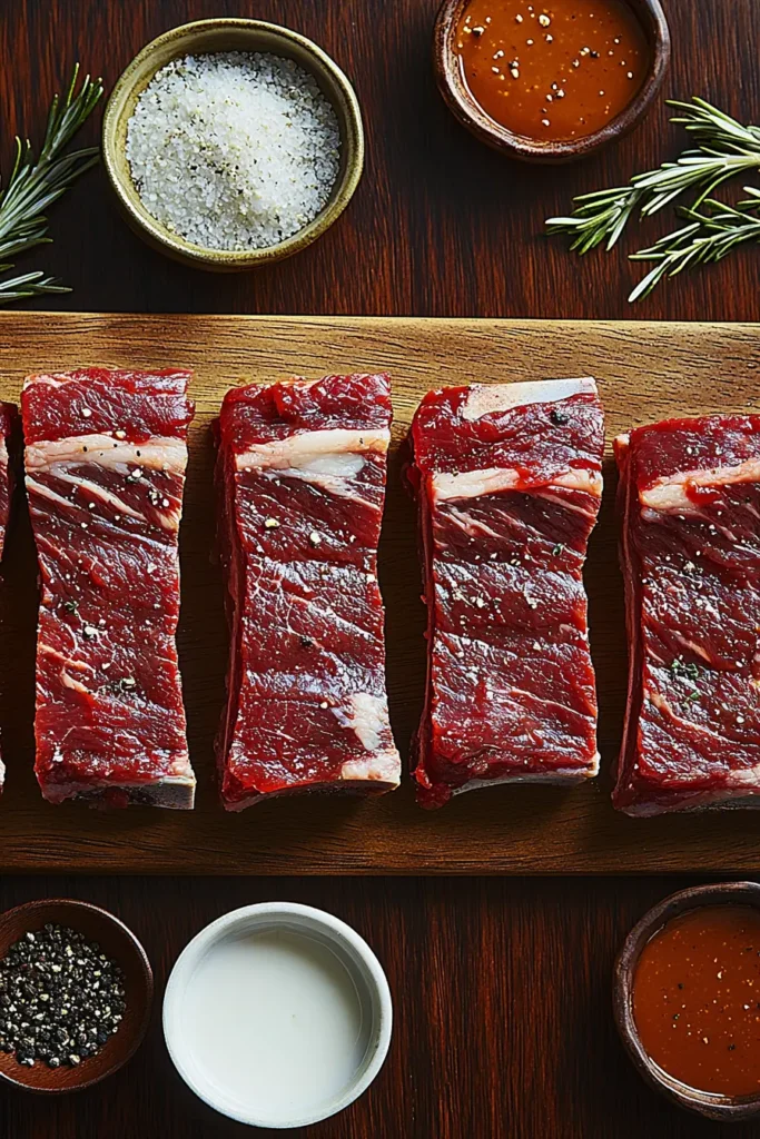 Raw boneless beef ribs with seasoning and ingredients on a wooden board.