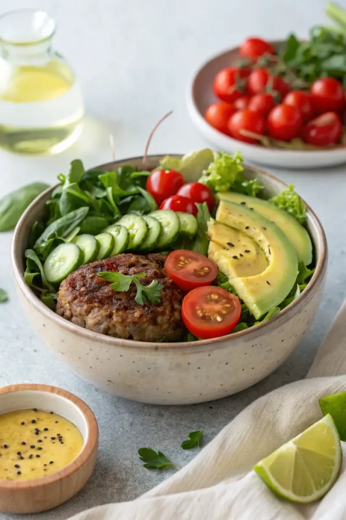 Low-sodium burger bowl recipe with fresh toppings and dressing