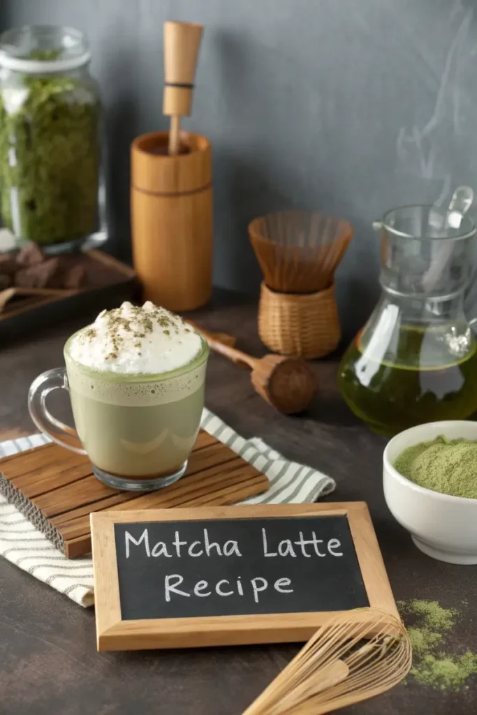 Matcha Latte Recipe with frothy green tea latte in a glass mug surrounded by matcha powder and traditional tools.