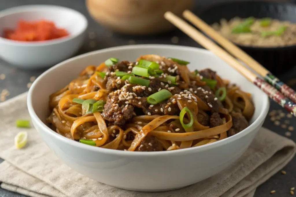 Mongolian Ground Beef Noodles in a Bowl