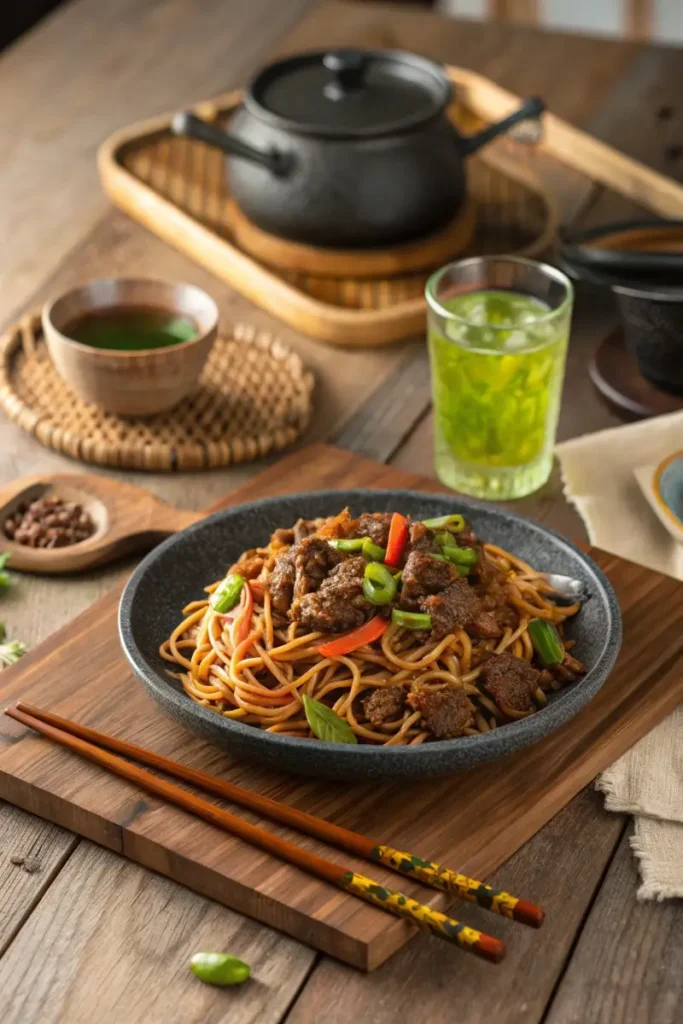 Serving Mongolian Ground Beef Noodles on a Table