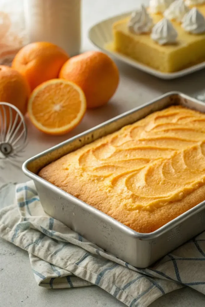 Freshly baked Orange Crush Poke Cake before poking holes