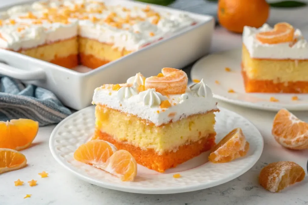 Orange Crush Poke Cake with whipped topping and orange zest