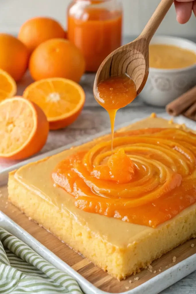 Pouring orange gelatin into Orange Crush Poke Cake holes