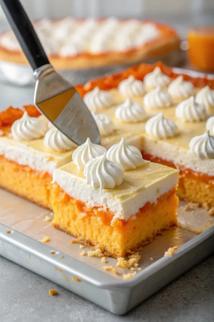 Spreading whipped topping over Orange Crush Poke Cake