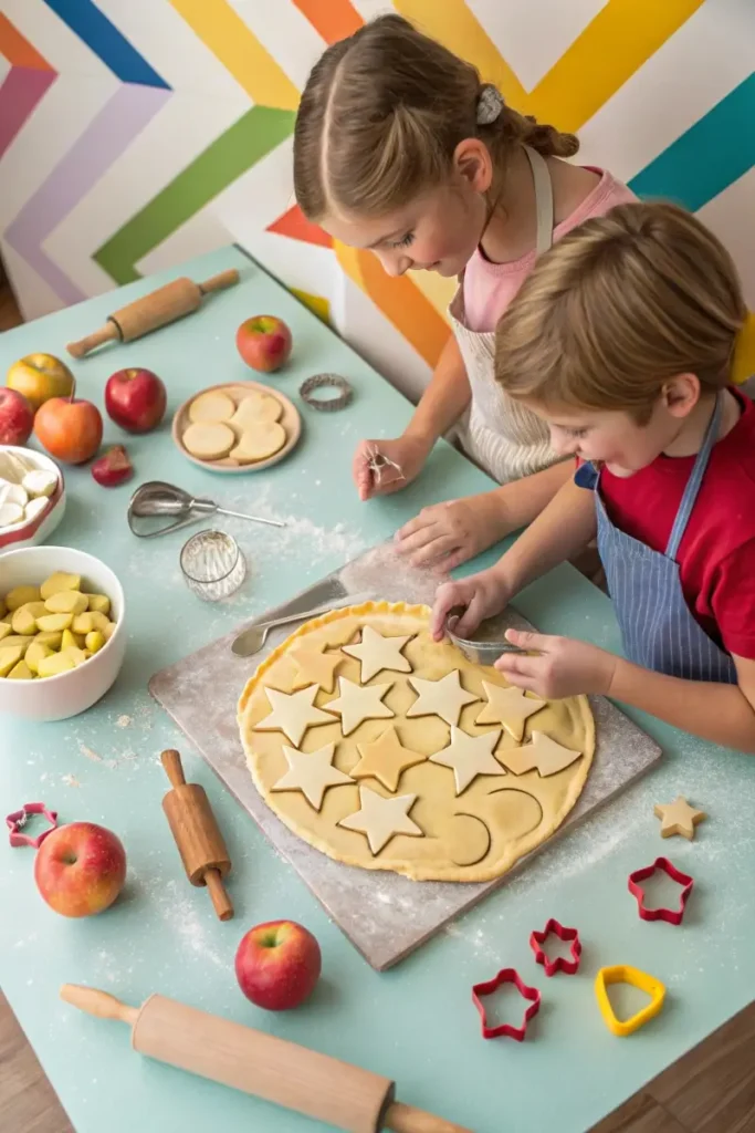 Kids crafting crust shapes for Origami Apple Pie