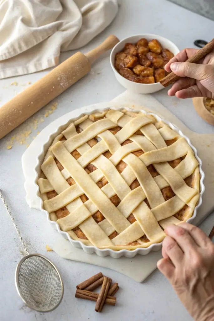 Step-by-step guide to folding a lattice crust for Origami Apple Pie