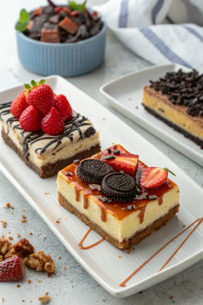 Philadelphia Cheesecake Bars with different toppings