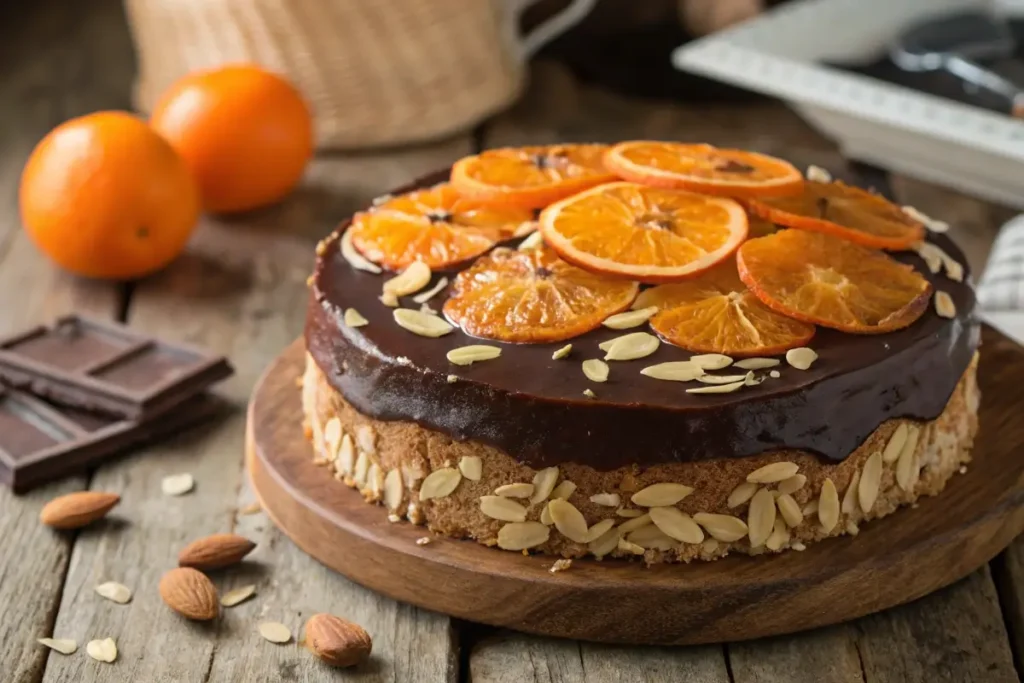 Prolific Oven Chocolate Orange Almond Cake topped with candied orange slices and almonds.