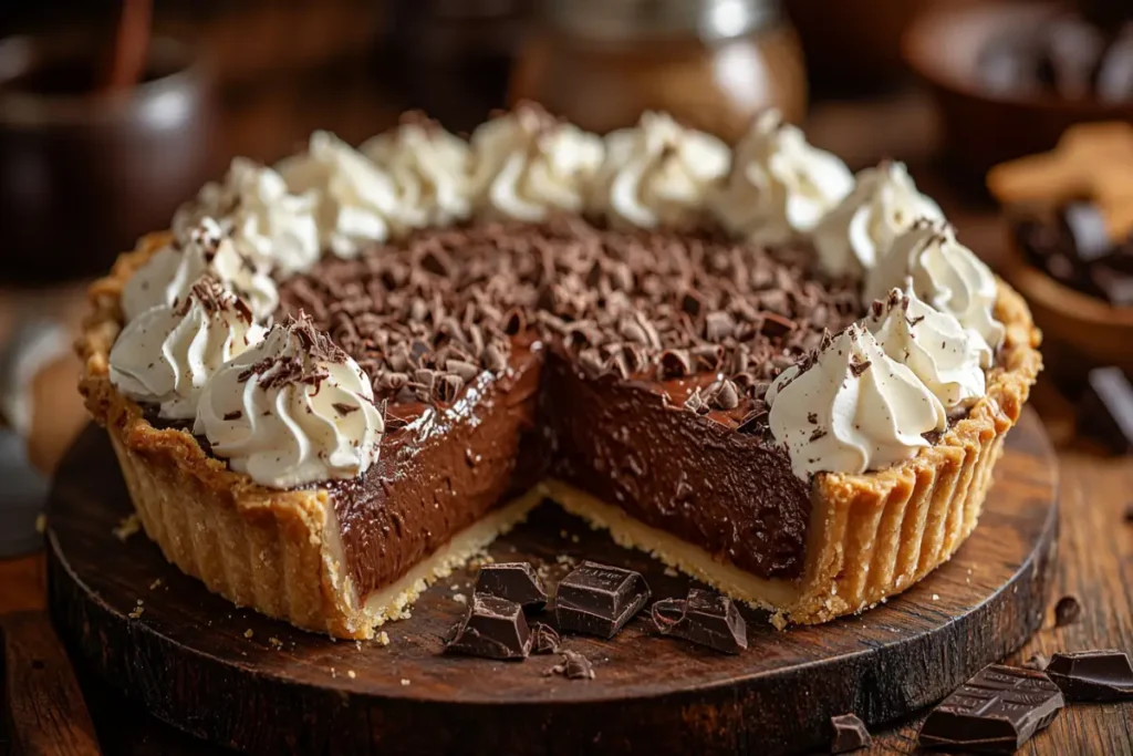 Grandma’s chocolate pie with whipped cream and chocolate shavings.