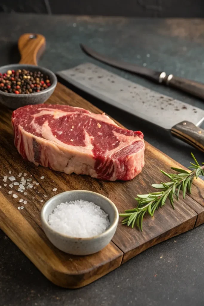 Fresh raw ribeye steak with marbling on a wooden cutting board