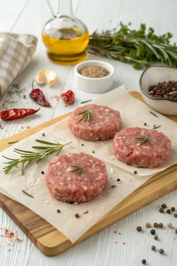 Raw sausage patties with seasoning ready for air frying.