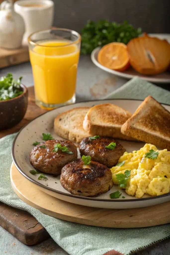 Sausage patties in air fryer served with scrambled eggs and toast.