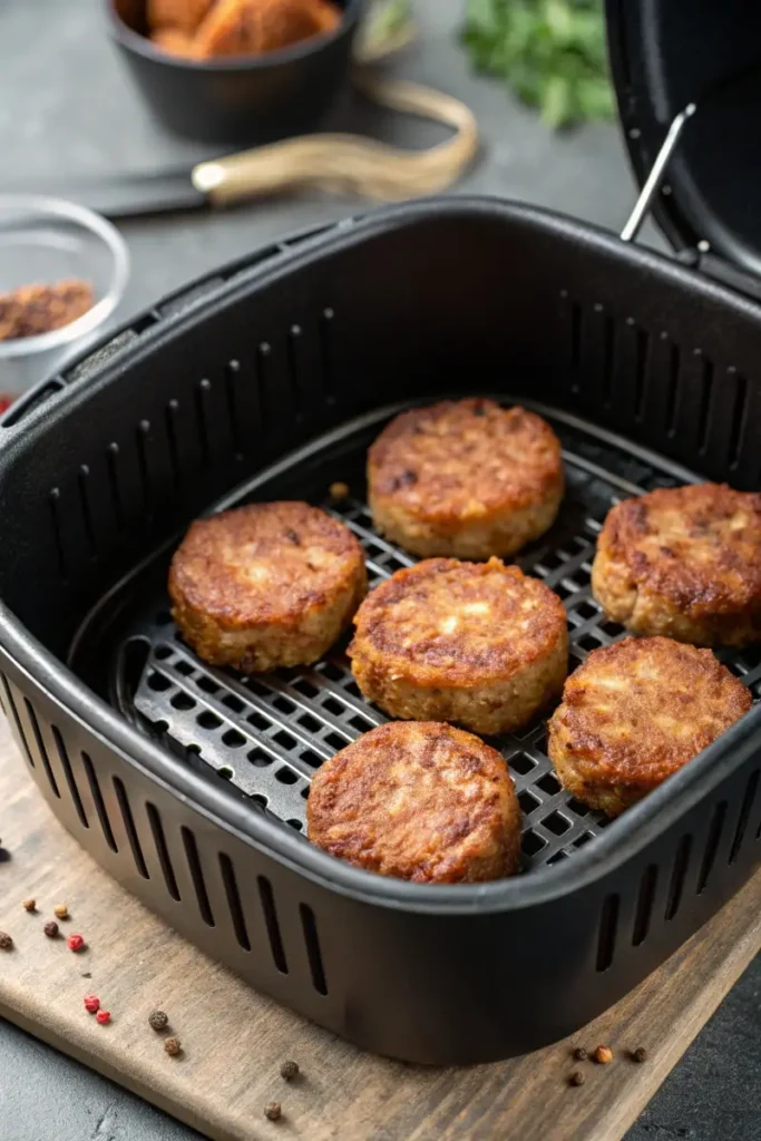 Sausage patties cooking evenly in an air fryer basket.