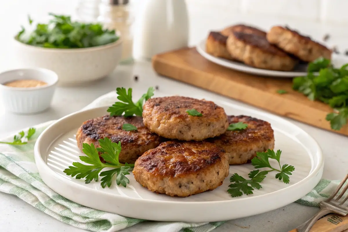 Sausage patties in air fryer cooked to golden perfection.