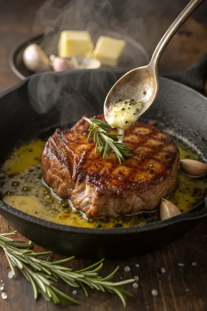 Steak searing in a hot cast-iron skillet with butter and rosemary