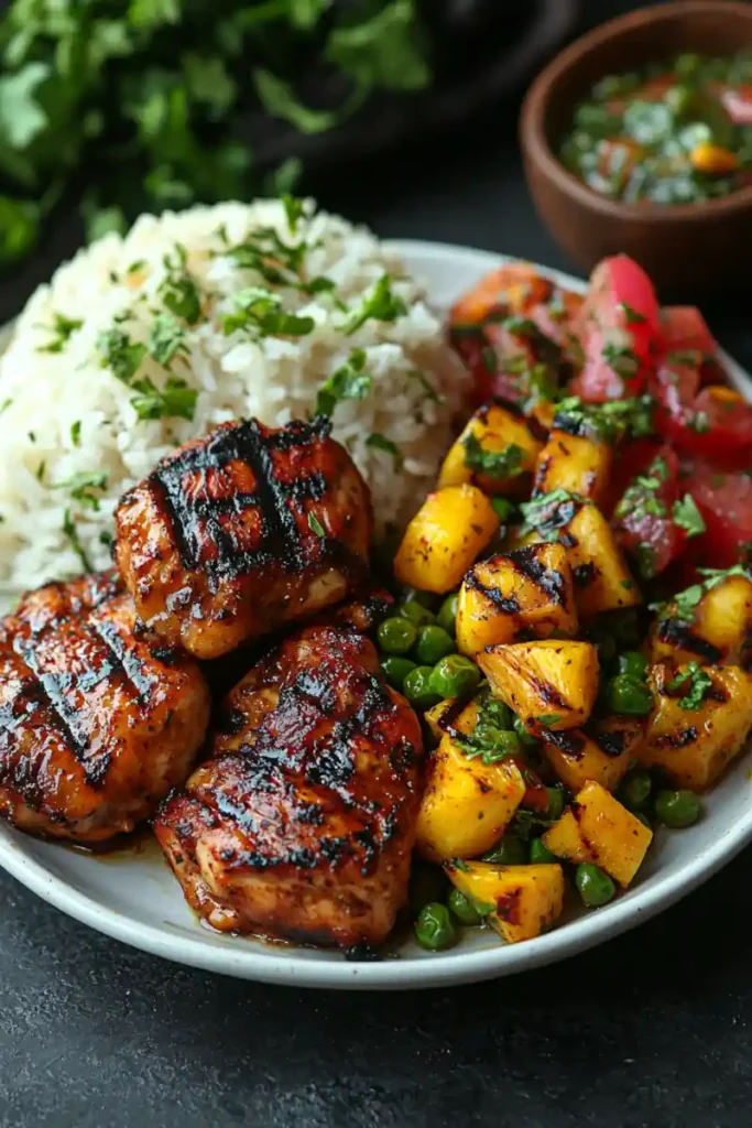 Served jerk chicken Gordon Ramsay recipe with rice and peas.