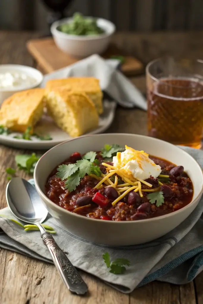 Served bowl of turkey cranberry chili with cornbread