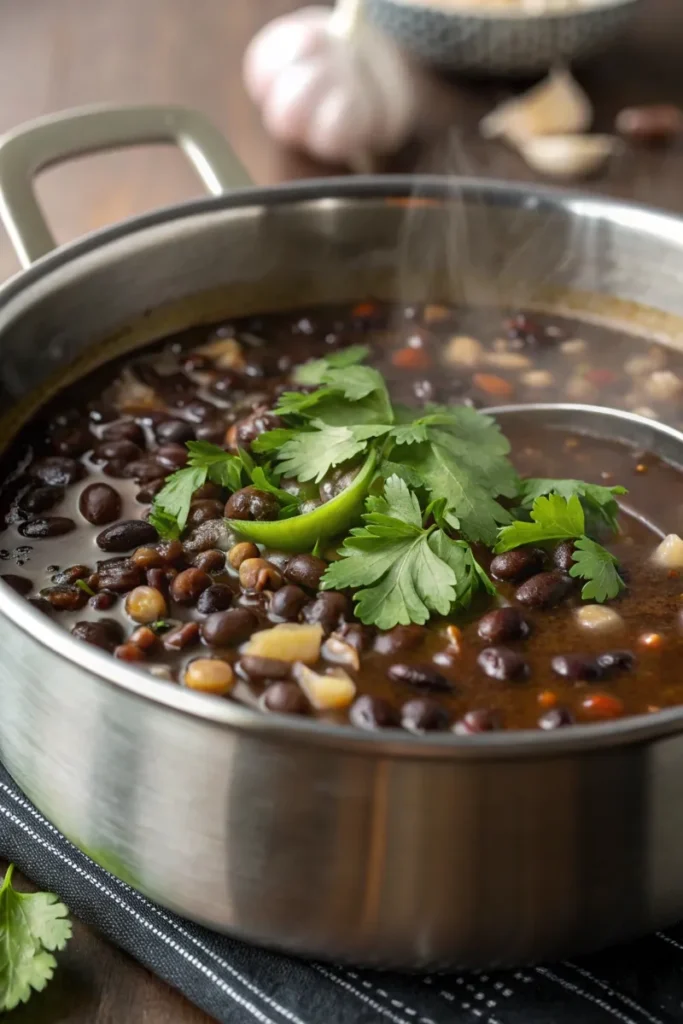 Black beans simmering in a pot with garlic and beef broth