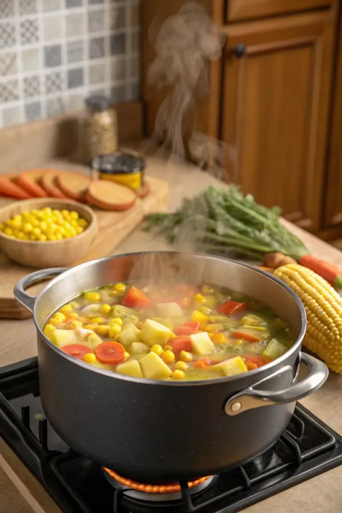 Corn soup simmering with fresh vegetables and coconut milk.