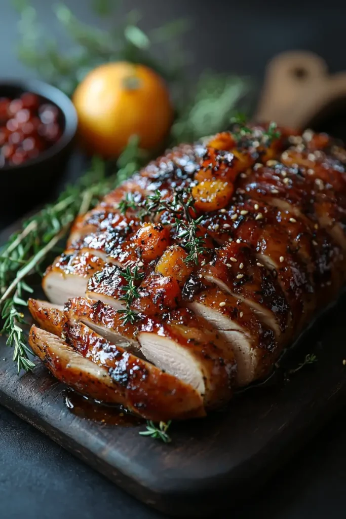 Glazed smoked turkey breast sliced and served with orange slices and fresh herbs.