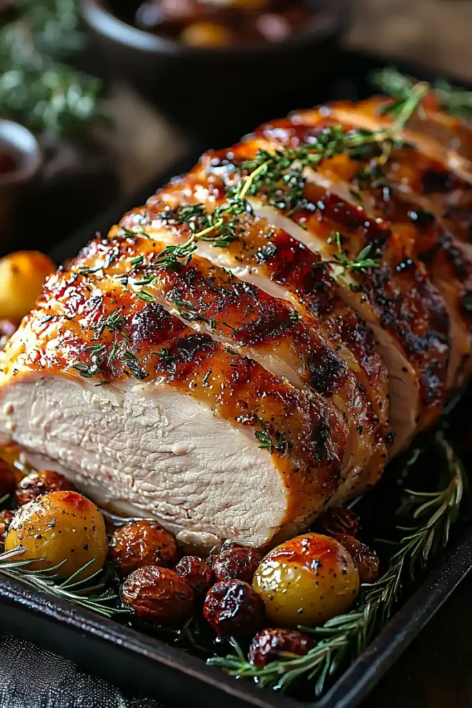 Tender smoked turkey breast garnished with rosemary and served with golden baby potatoes.