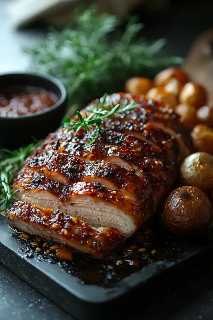 Smoked turkey breast coated in a savory glaze, surrounded by roasted potatoes and herbs.