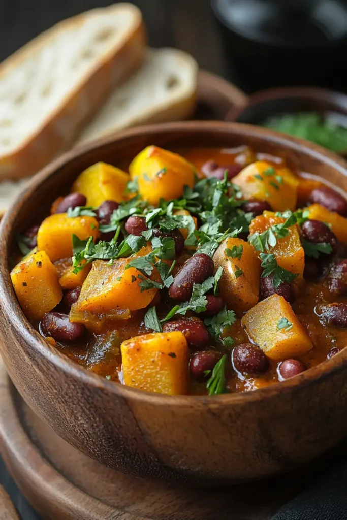 Squash and kidney beans stew garnished with fresh parsley in a wooden bowl.