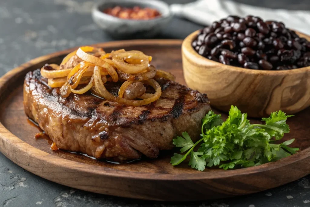 Juicy steak with caramelized onions and black beans on a rustic plate