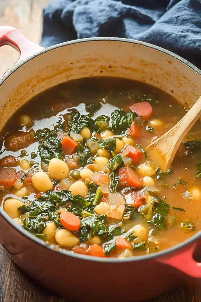 A bowl of Swiss Chard Soup with vibrant vegetables and chickpeas garnished with parsley.