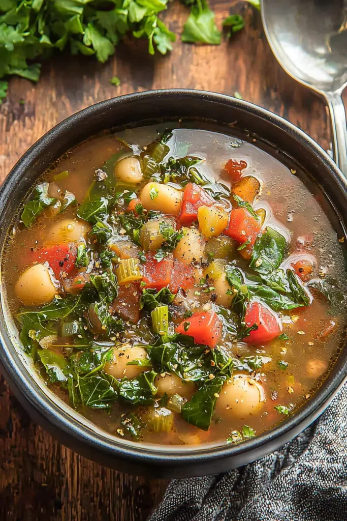 A black bowl of Swiss Chard Soup with fresh herbs and crusty bread on the side.