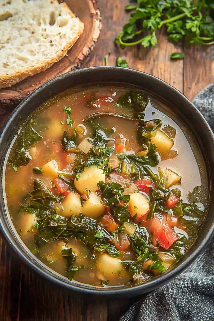 Rustic Swiss Chard Soup with potatoes, tomatoes, and greens in a ceramic bowl