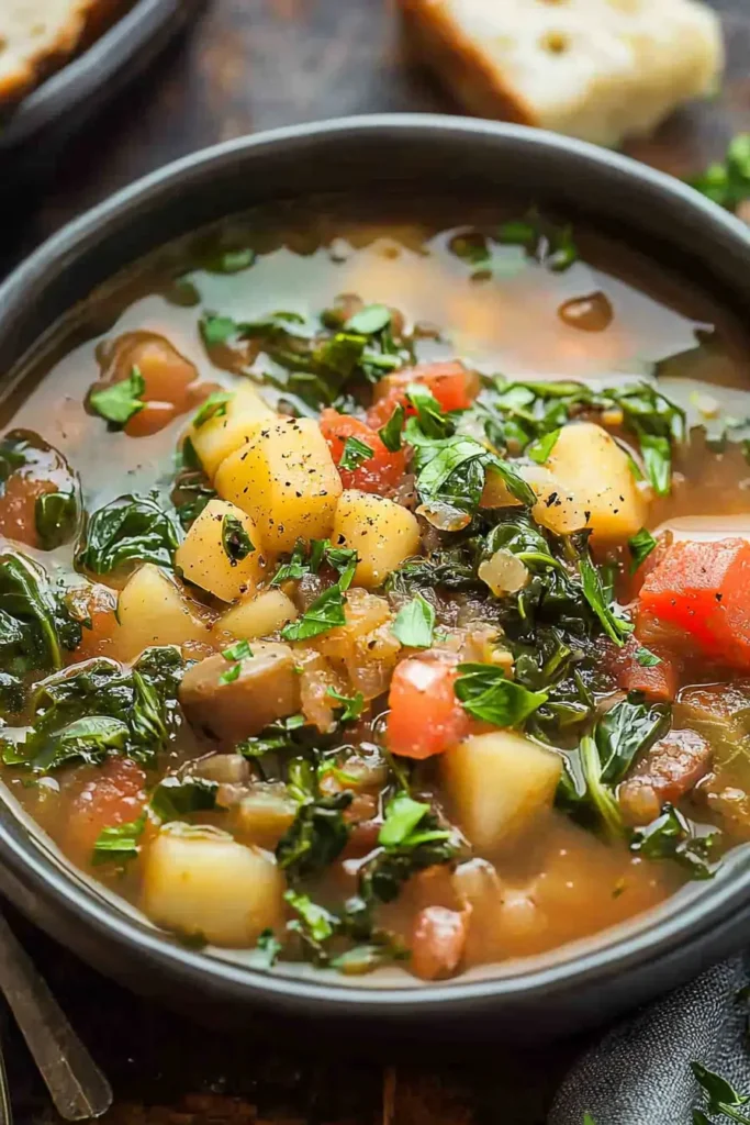 A bowl of Swiss Chard Soup with diced vegetables and fresh parsley garnish.