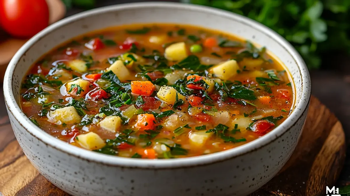 Hearty Swiss Chard Soup with chickpeas, carrots, and tomatoes in a red Dutch oven.