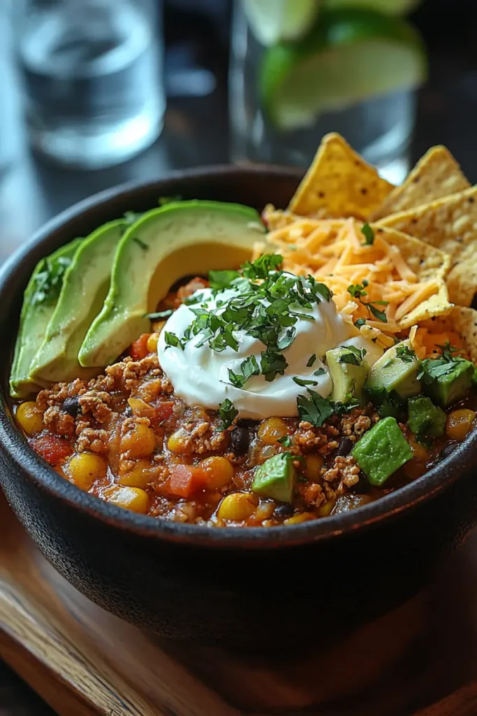 Taco soup frios garnished with sour cream, avocado slices, shredded cheese, tortilla chips, and cilantro.