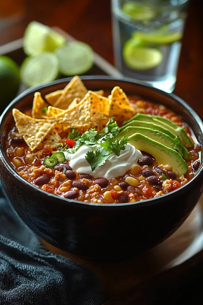 Taco soup frios with sour cream, avocado slices, tortilla chips, and fresh cilantro served in a rustic black bowl.