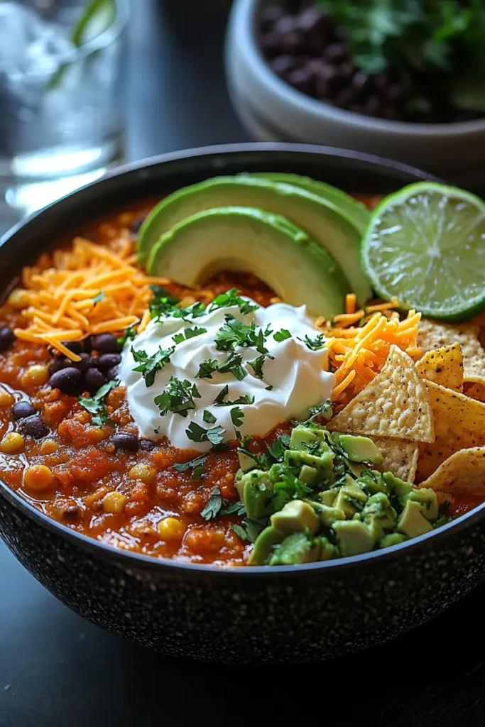 Taco soup frios with avocado slices, sour cream, shredded cheese, tortilla chips, and lime garnish.