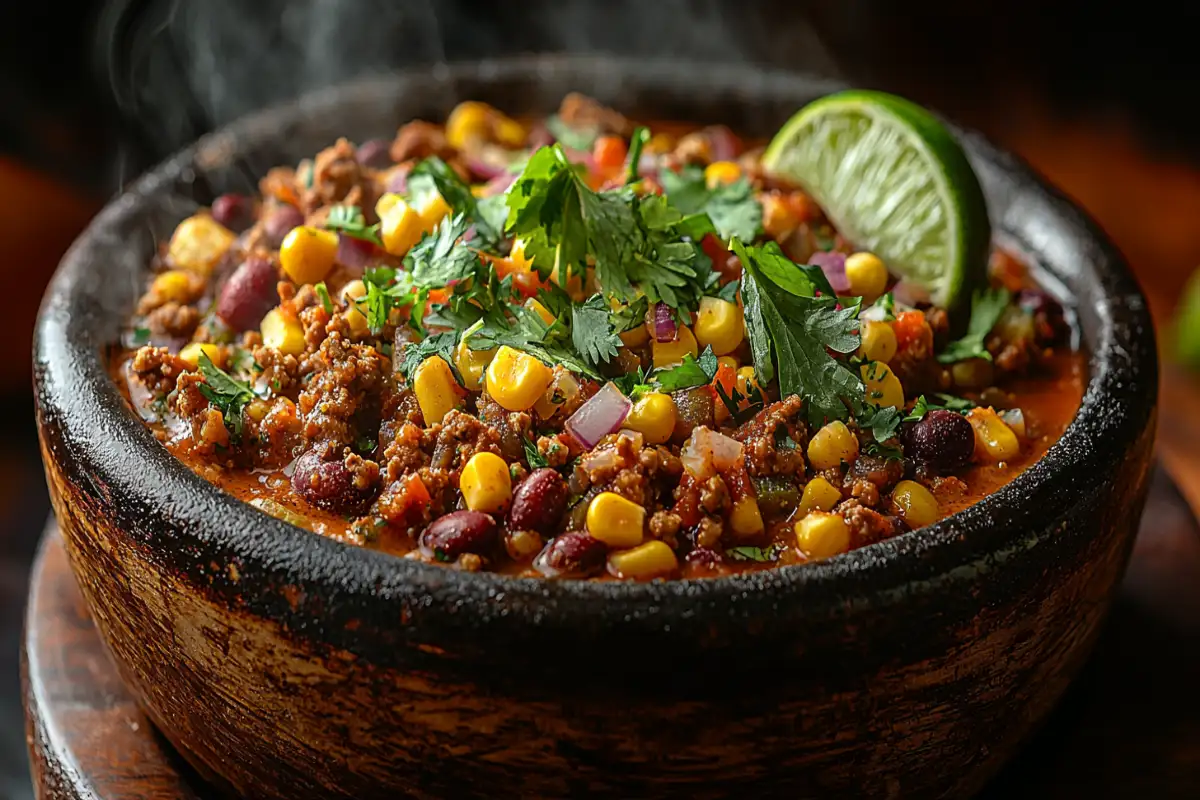 Taco soup frios with garnishes like cheese, cilantro, and lime