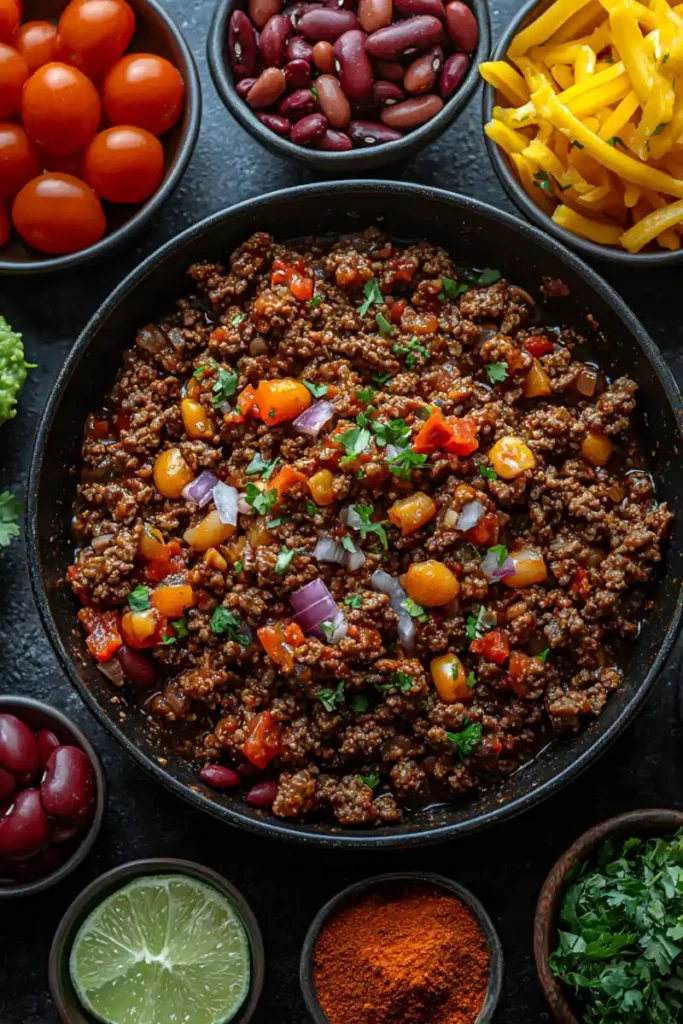 Ground beef and taco soup ingredients ready to cook.