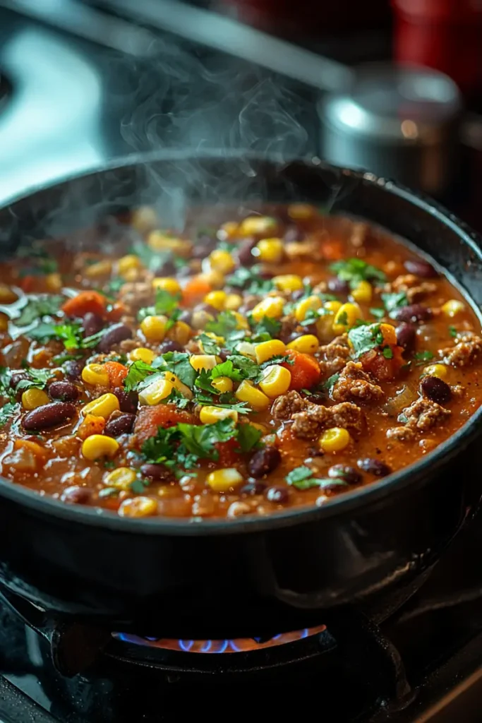 Taco soup frios simmering on the stove.