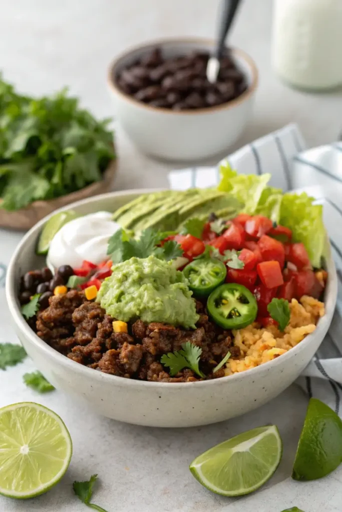 Spicy Tex-Mex burger bowl recipe with vibrant toppings