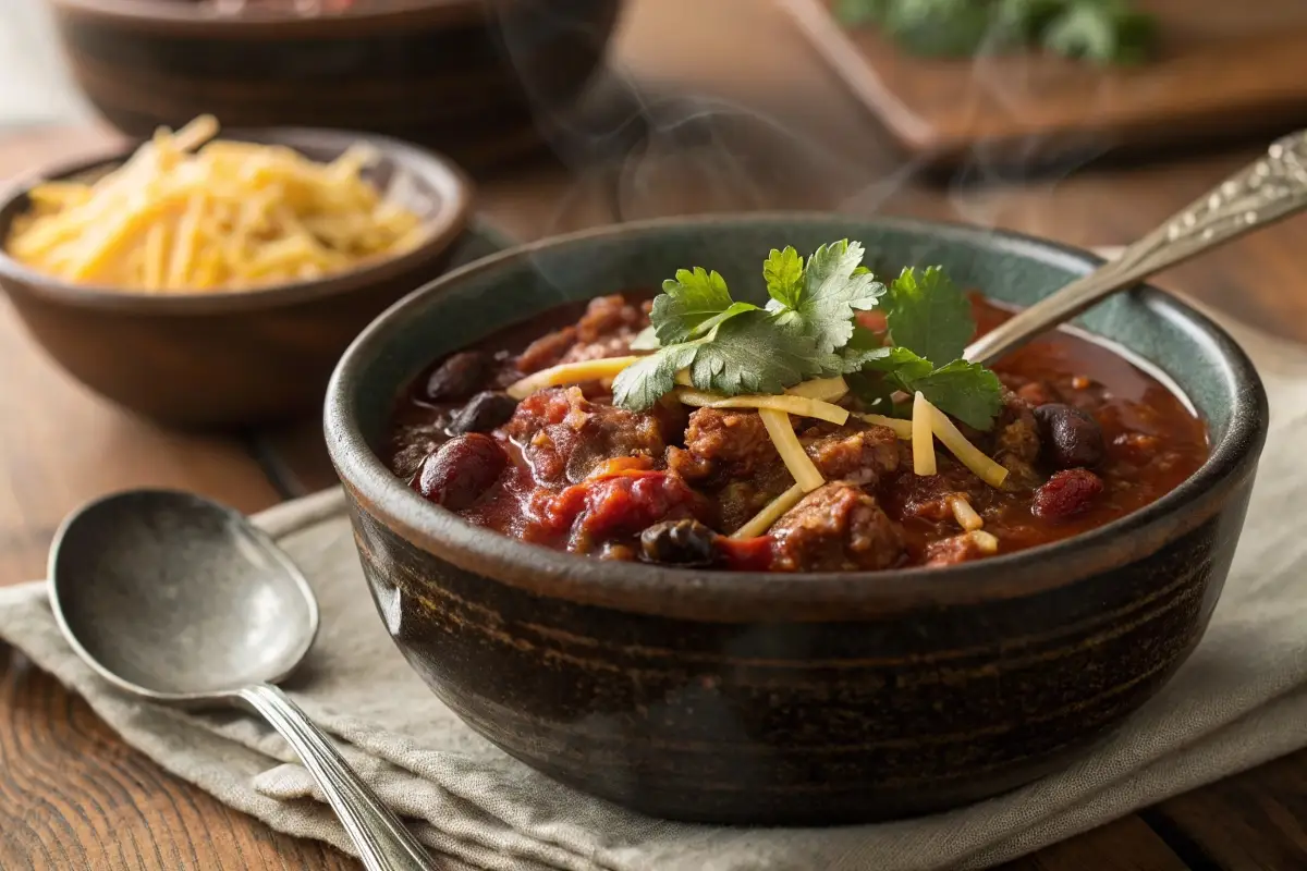 Close-up of turkey cranberry chili in a rustic bowl